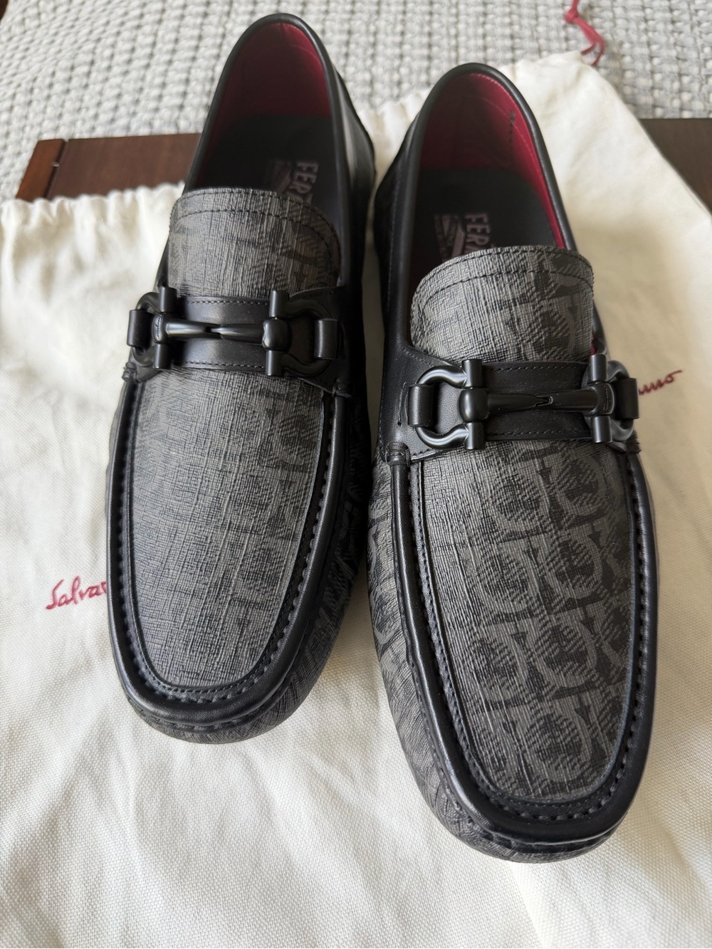 Salvatore Ferragamo Men’s Black and Grey Logo Bit Slip-On Loafers